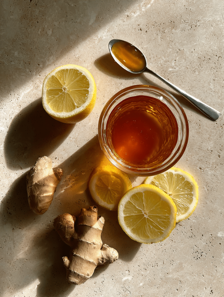 Asian honey protocol recipe ingredients with honey, lemon, and warm water