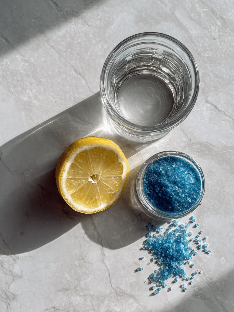 ingredients for blue salt trick recipe including blue salt and lemon