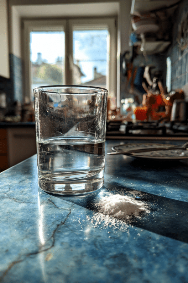 Dr oz baking soda trick with glass of water and baking soda in kitchen