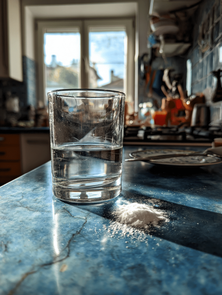 Dr oz baking soda trick with glass of water and baking soda in kitchen
