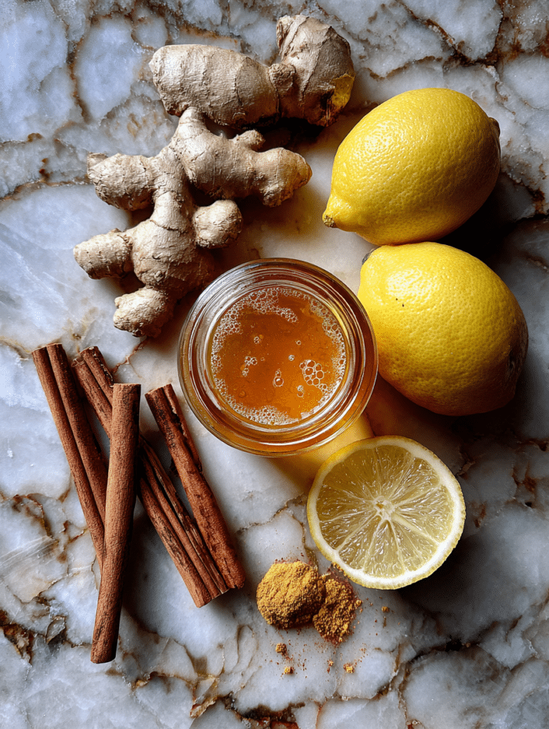 honey trick recipe ingredients with raw honey cinnamon lemon ginger
