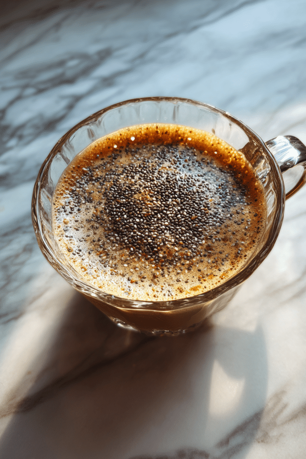 chia seeds in coffee in a glass cup