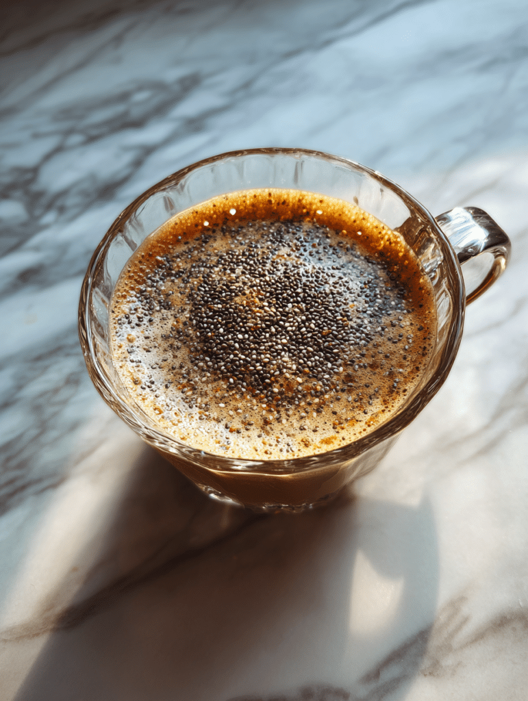 chia seeds in coffee in a glass cup