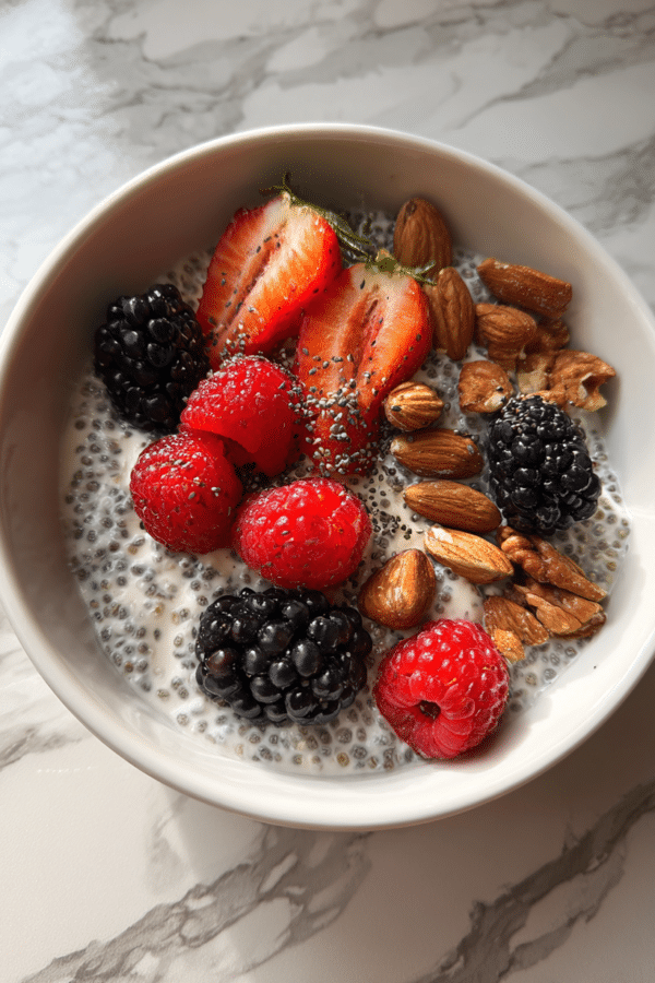 chia seeds in yogurt healthy breakfast bowl