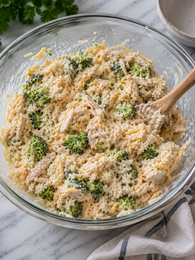 mixing chicken broccoli rice casserole filling