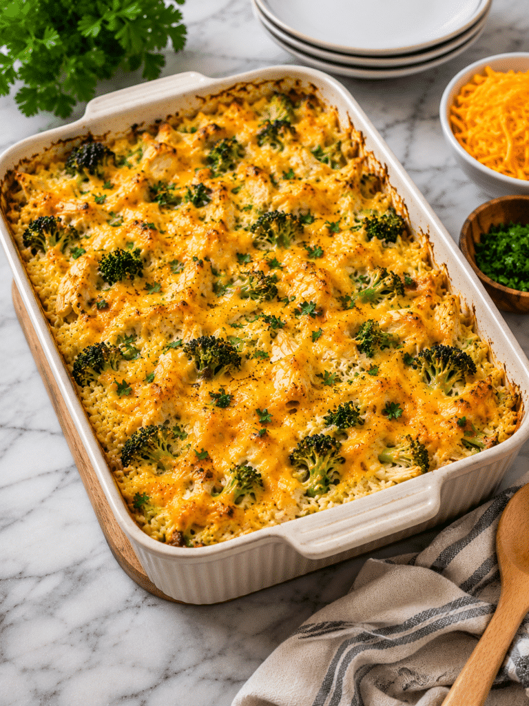 chicken broccoli rice casserole baked with cheddar cheese