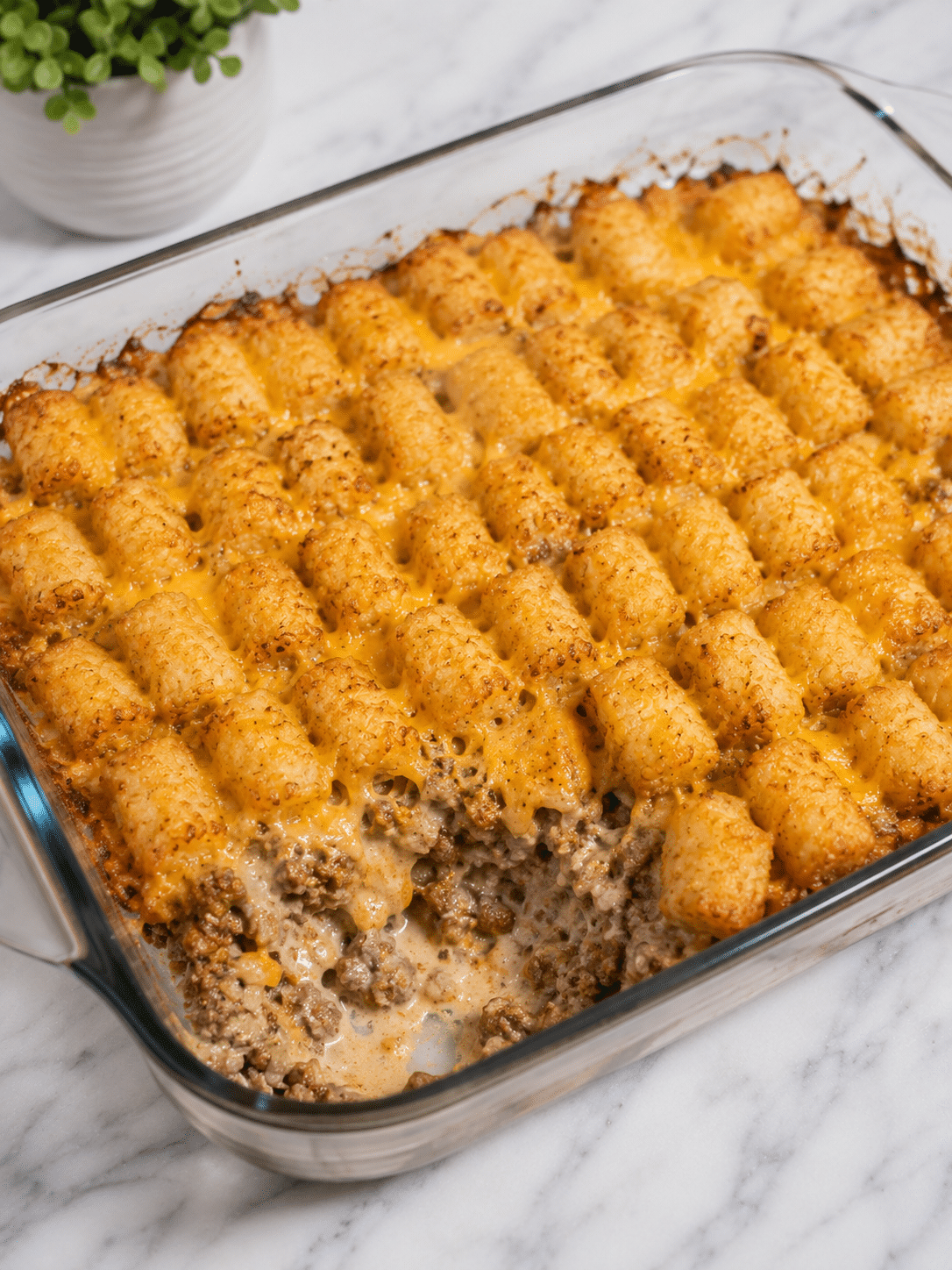 Tater tot casserole with crispy golden potato topping