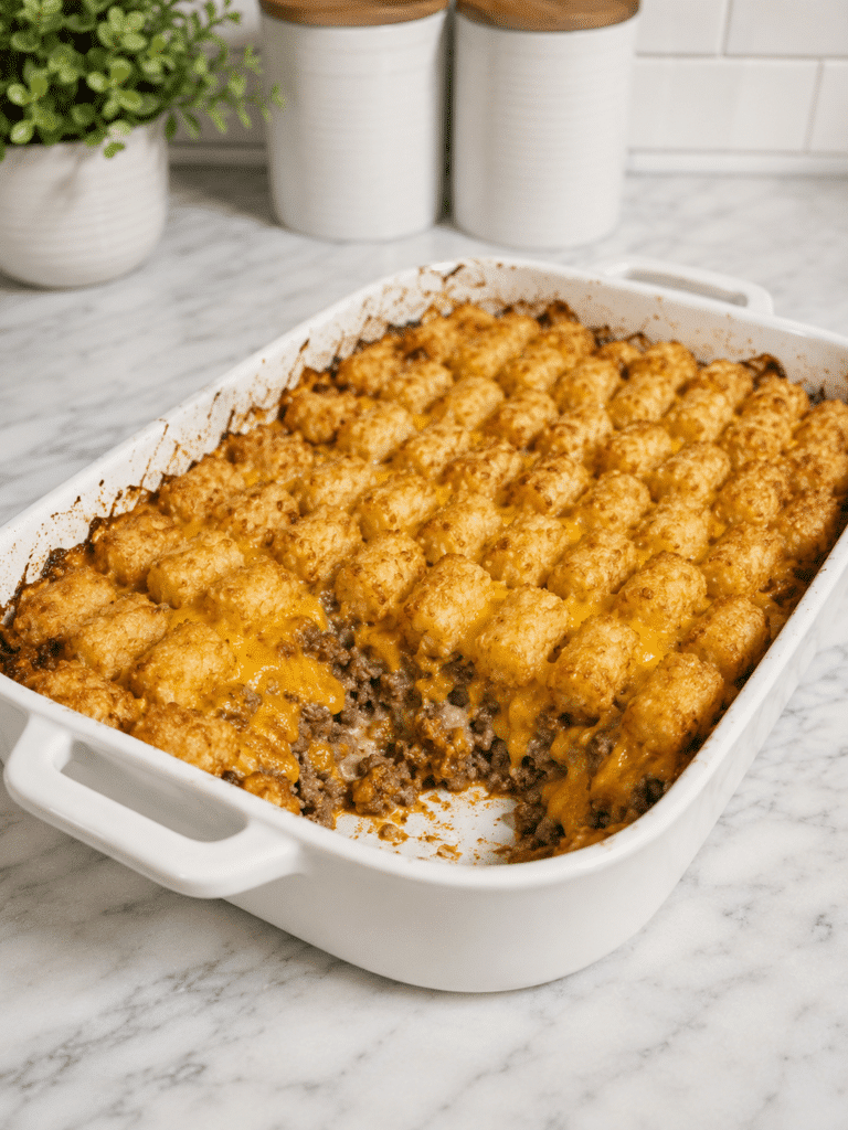 Tater tot ground beef casserole with crispy golden topping