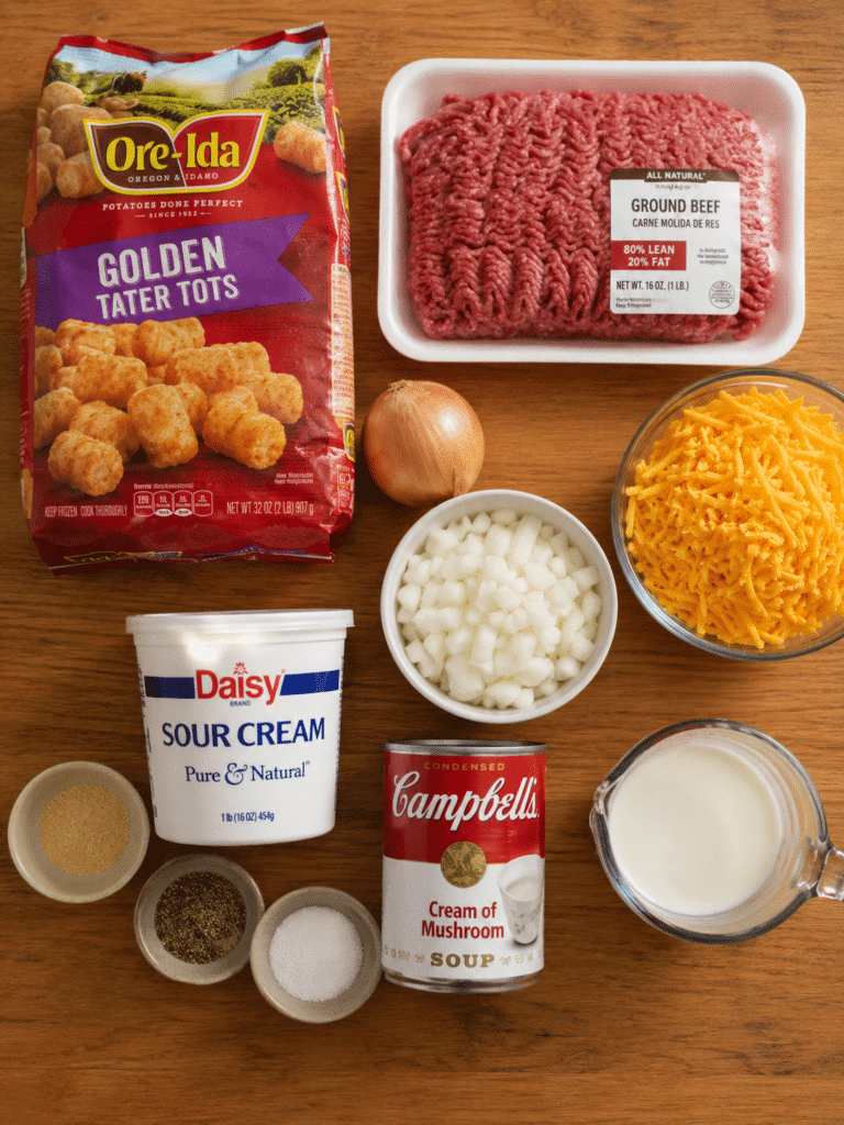 Ingredients for tater tot ground beef casserole recipe