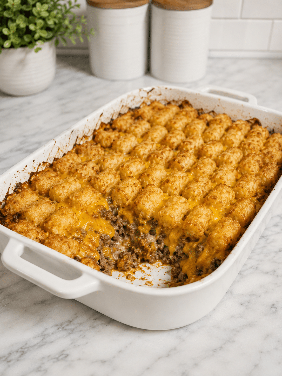 Tater tot ground beef casserole with crispy golden topping