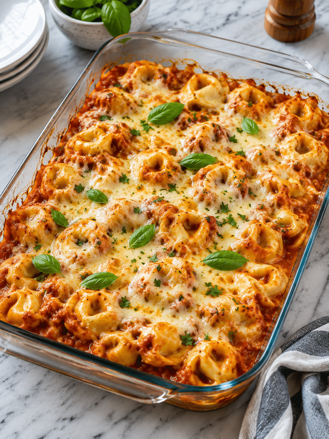 tortellini casserole recipe baked with melted cheese and marinara sauce