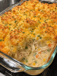 Cheddar bay biscuit casserole with golden biscuit topping
