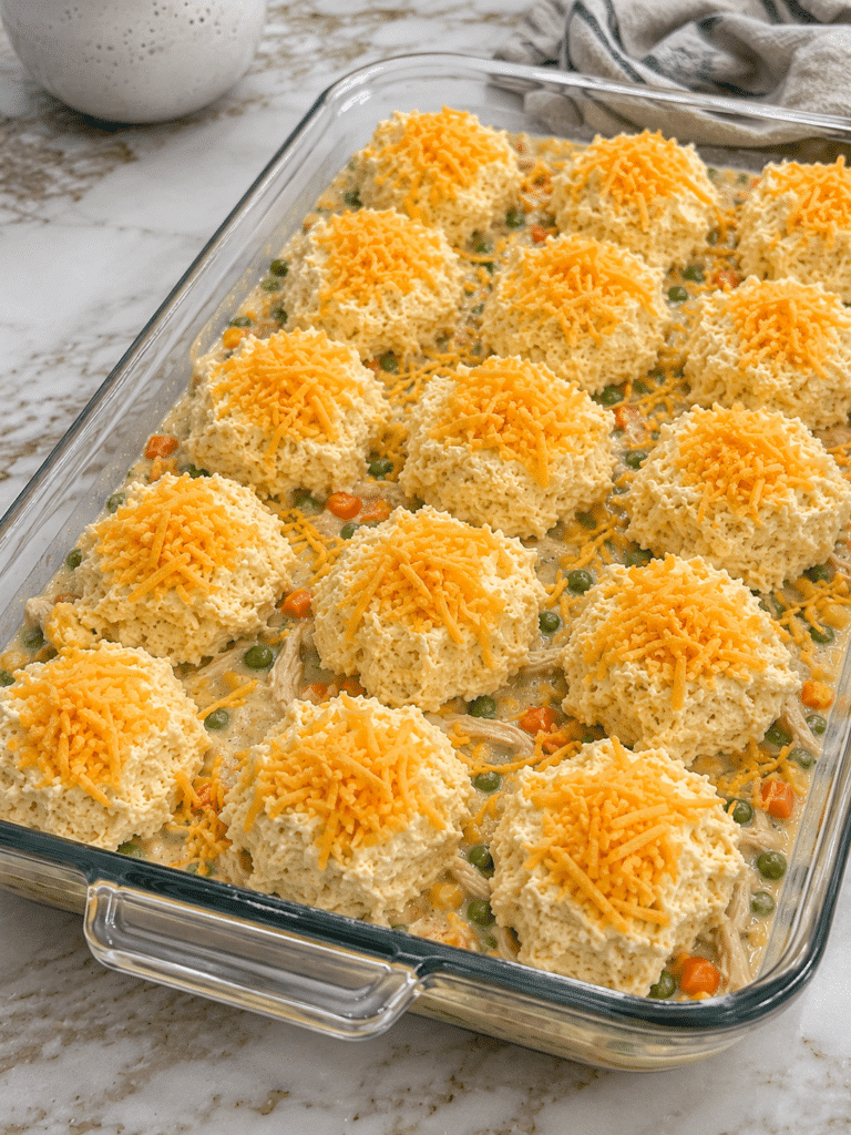 Biscuit topping on cheddar bay biscuit casserole before baking