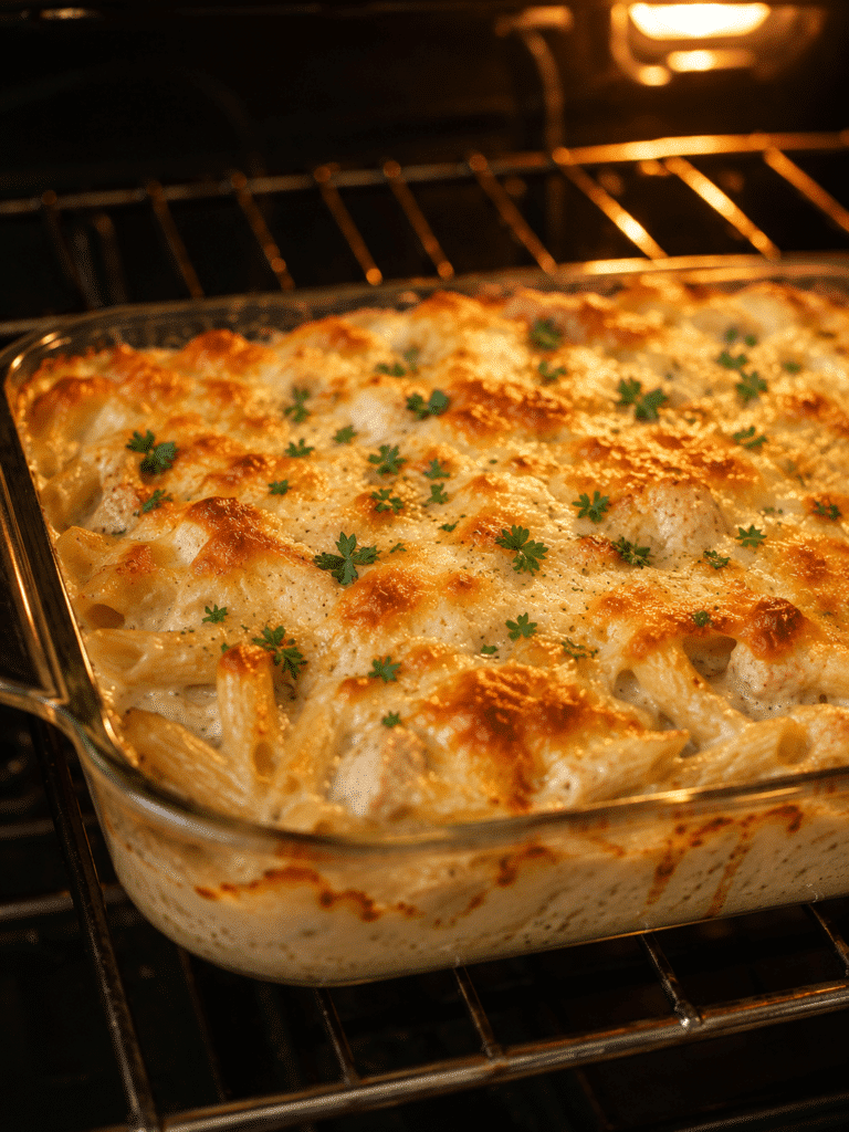 Chicken Alfredo Casserole baking in the oven