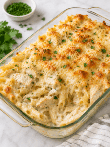 Chicken Alfredo Casserole with creamy Alfredo sauce and melted cheese