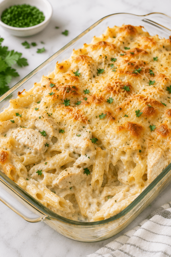 Chicken Alfredo Casserole with creamy Alfredo sauce and melted cheese