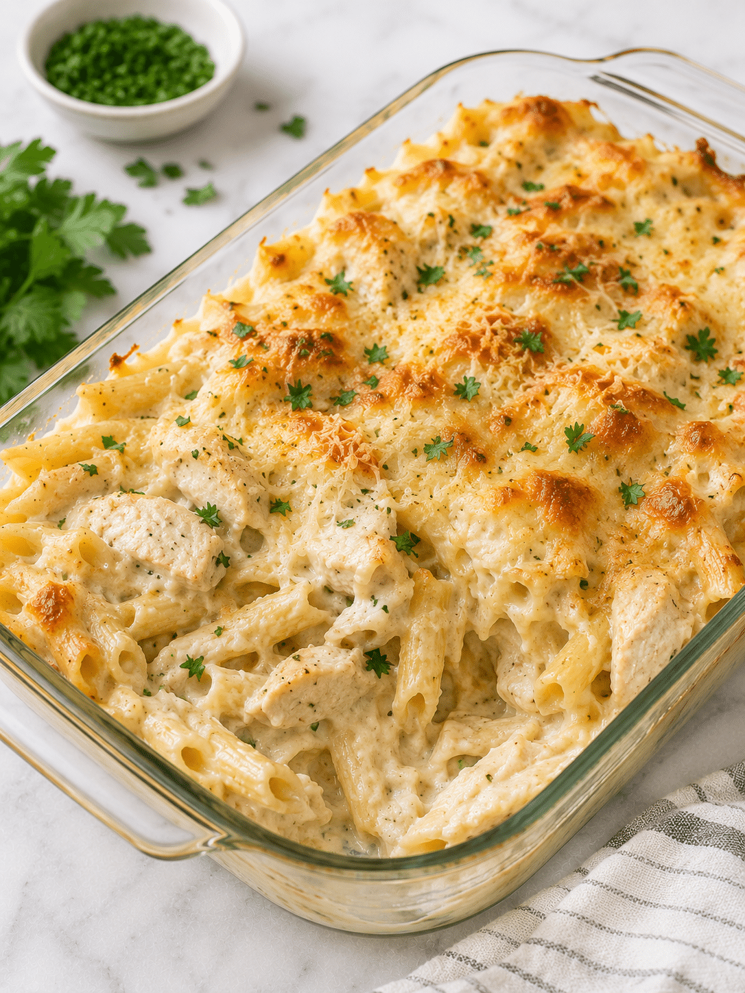 Chicken Alfredo Casserole with creamy Alfredo sauce and melted cheese
