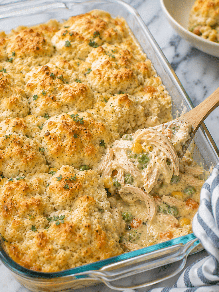 Chicken cobbler casserole with golden biscuit topping