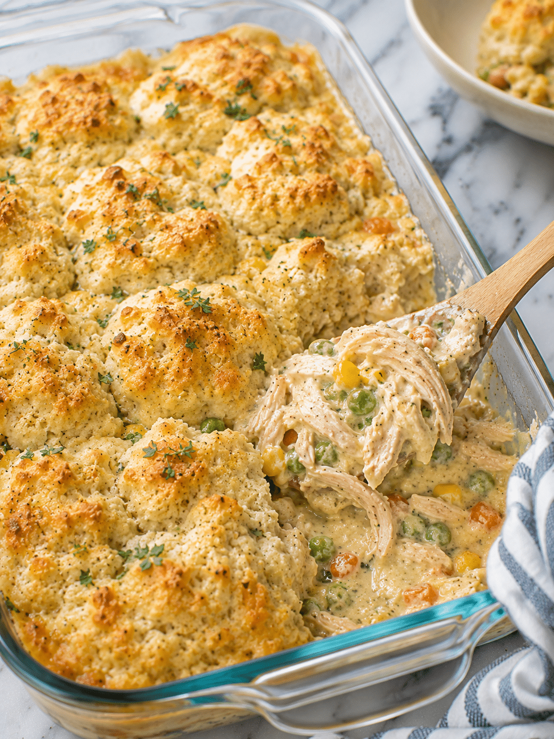 Chicken cobbler casserole with golden biscuit topping