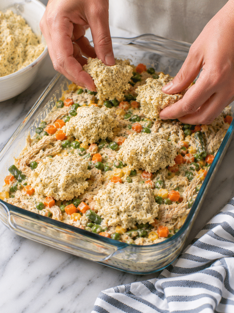 Layering chicken cobbler casserole ingredients
