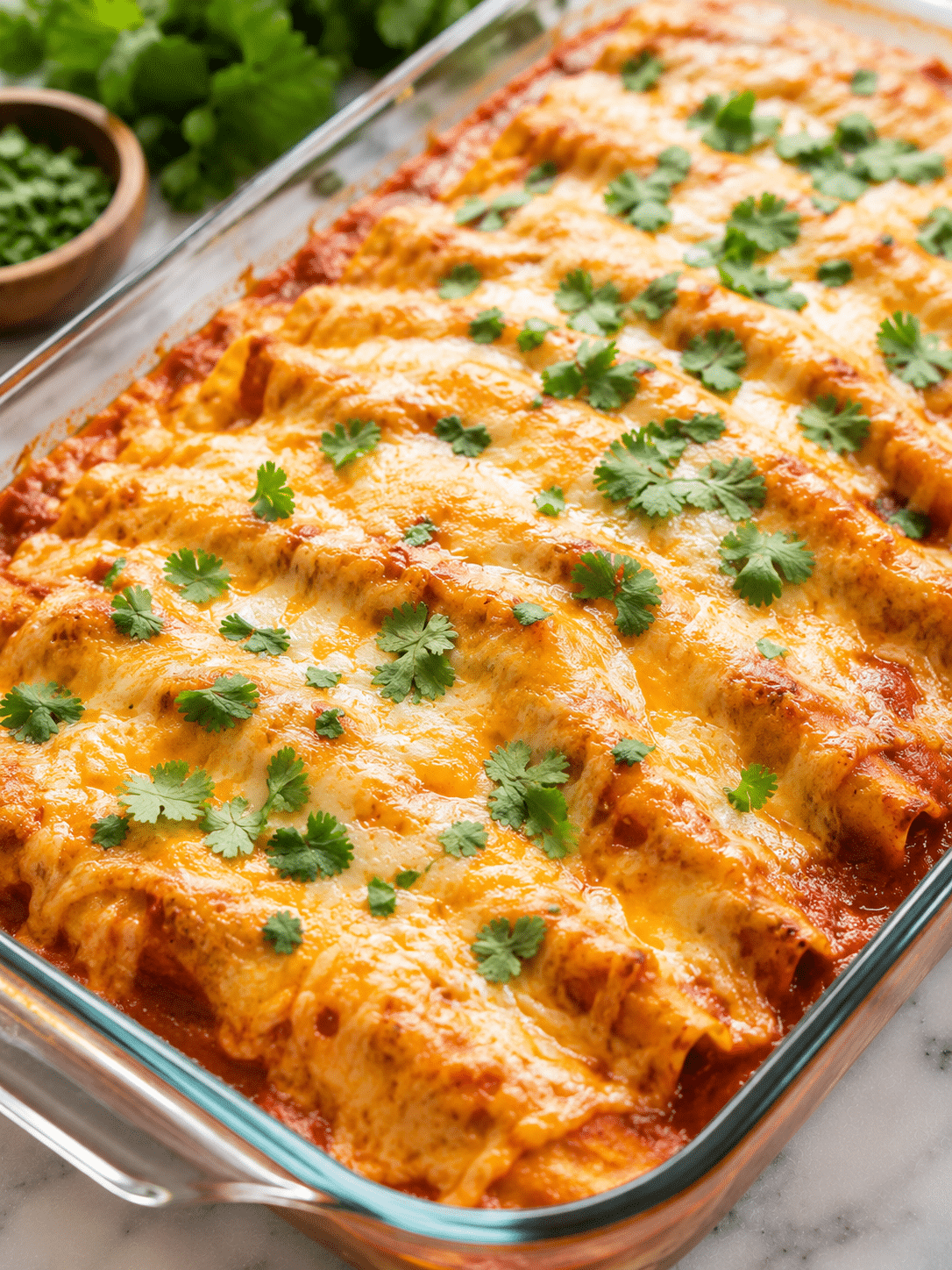 Chicken enchiladas casserole baked with melted cheese and enchilada sauce