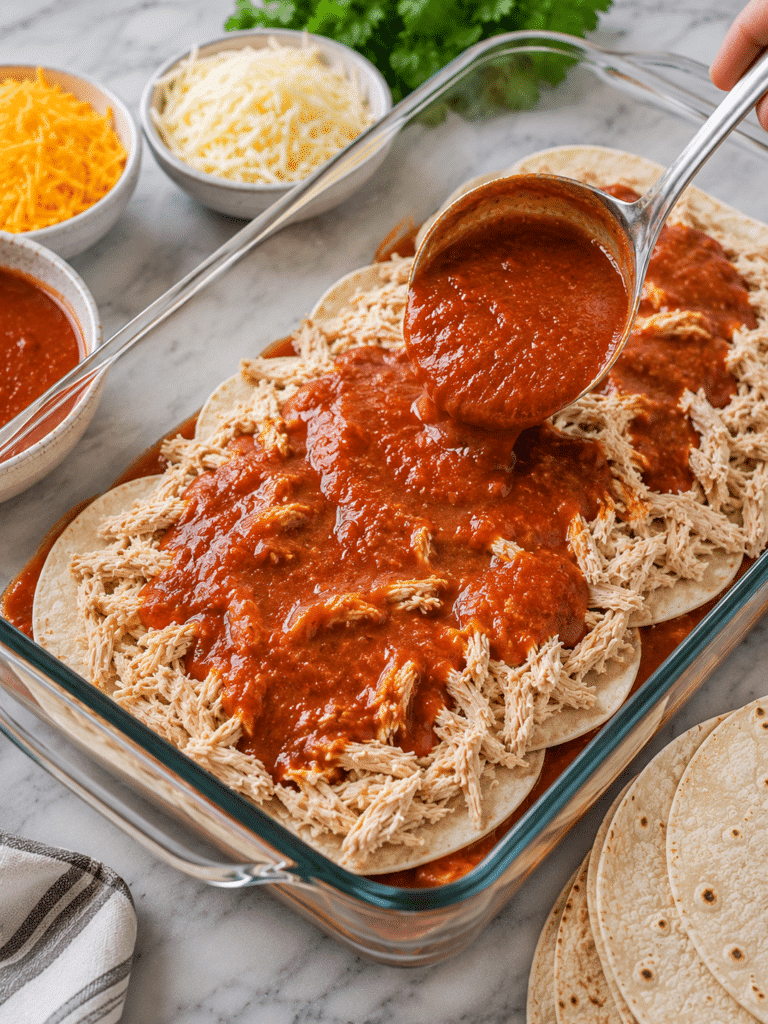 Layering chicken enchiladas casserole in baking dish