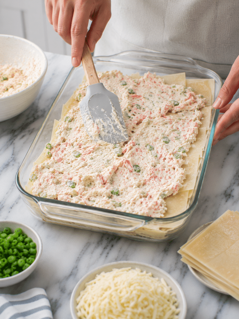 Layering crab rangoon casserole before baking