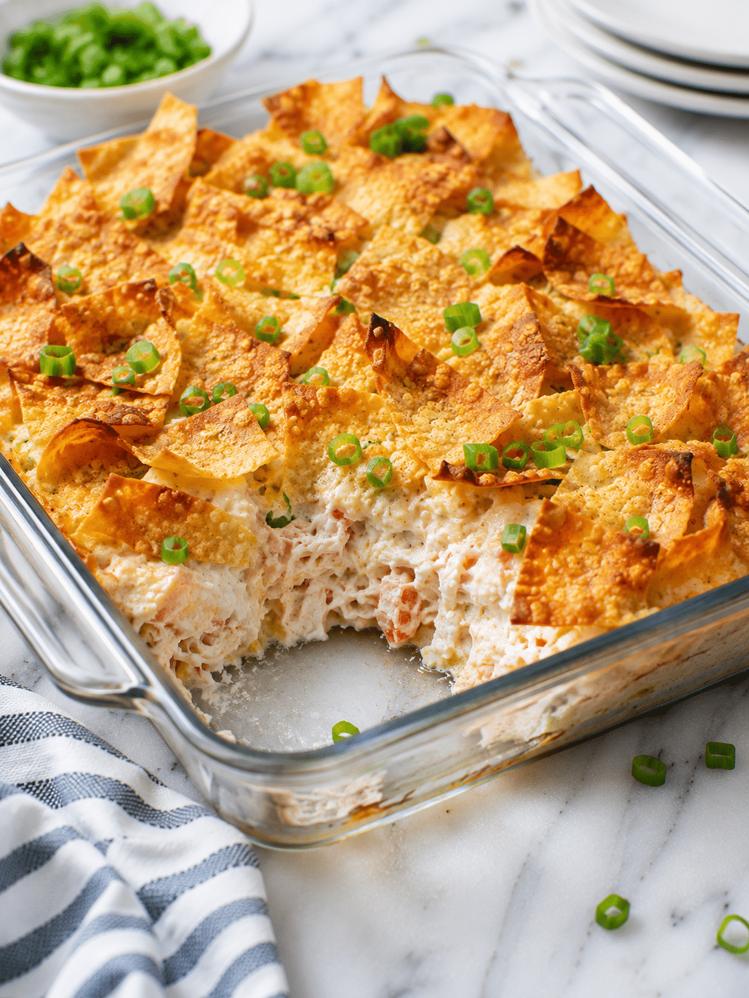 Crab rangoon casserole with crispy wonton topping and creamy crab filling