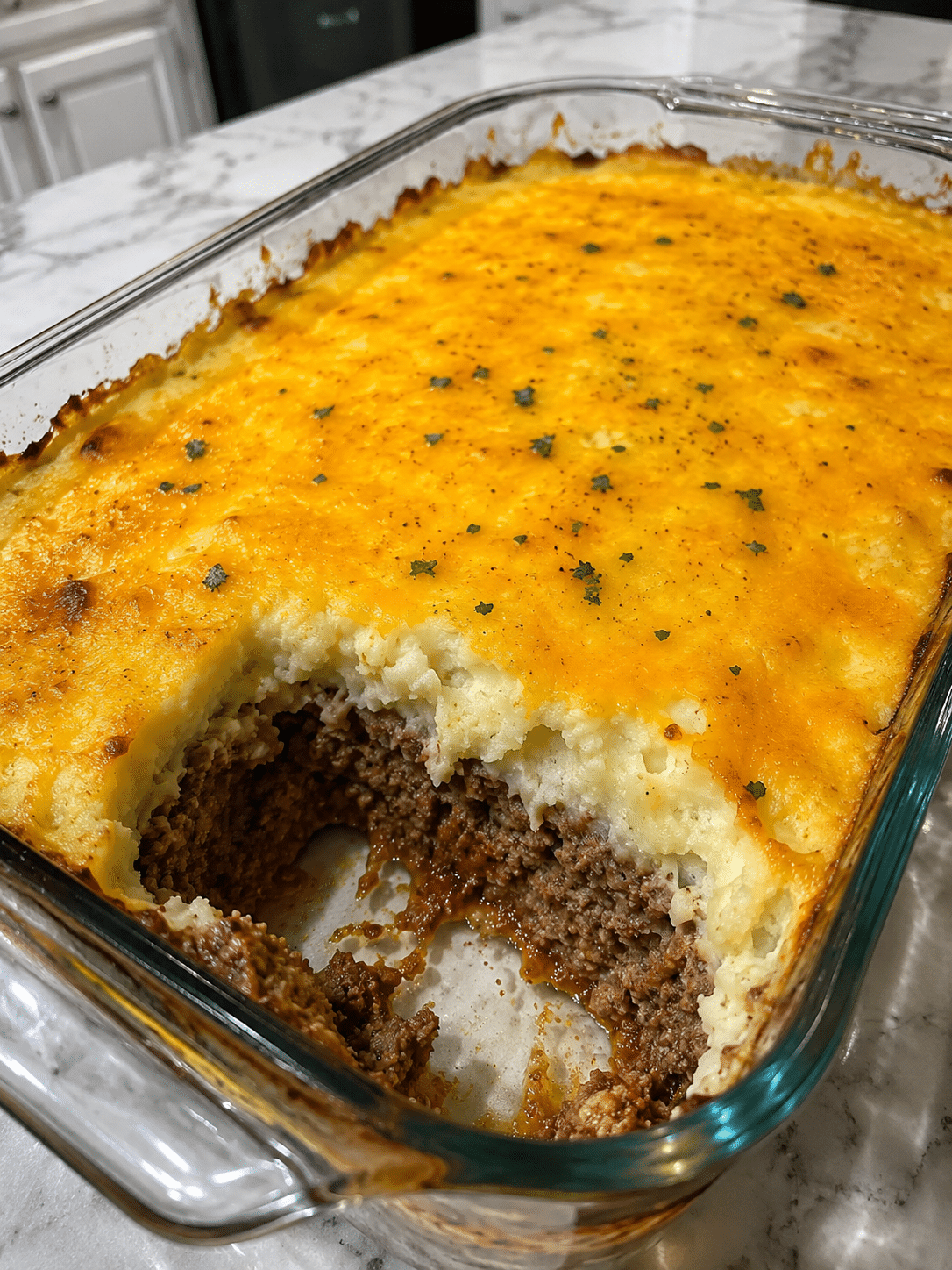 Meatloaf casserole recipe with mashed potatoes and cheese
