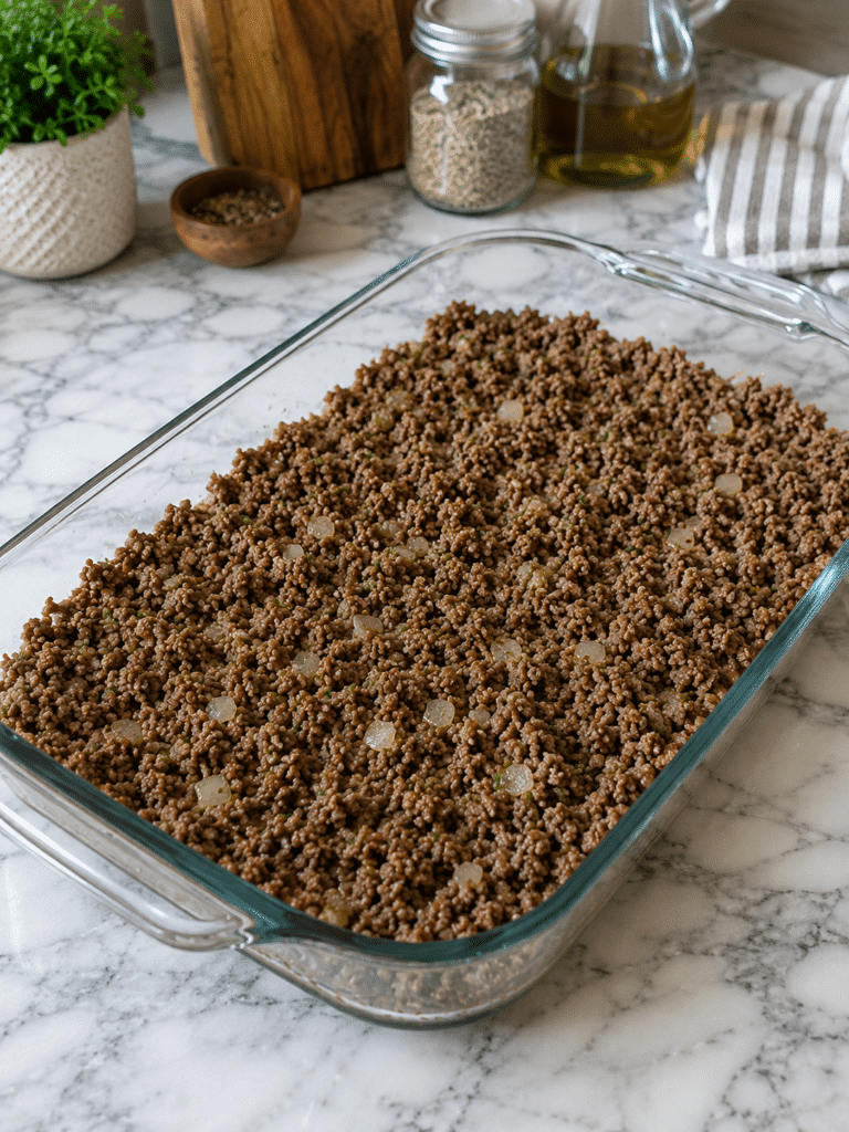 Preparing meat layer for meatloaf casserole recipe
