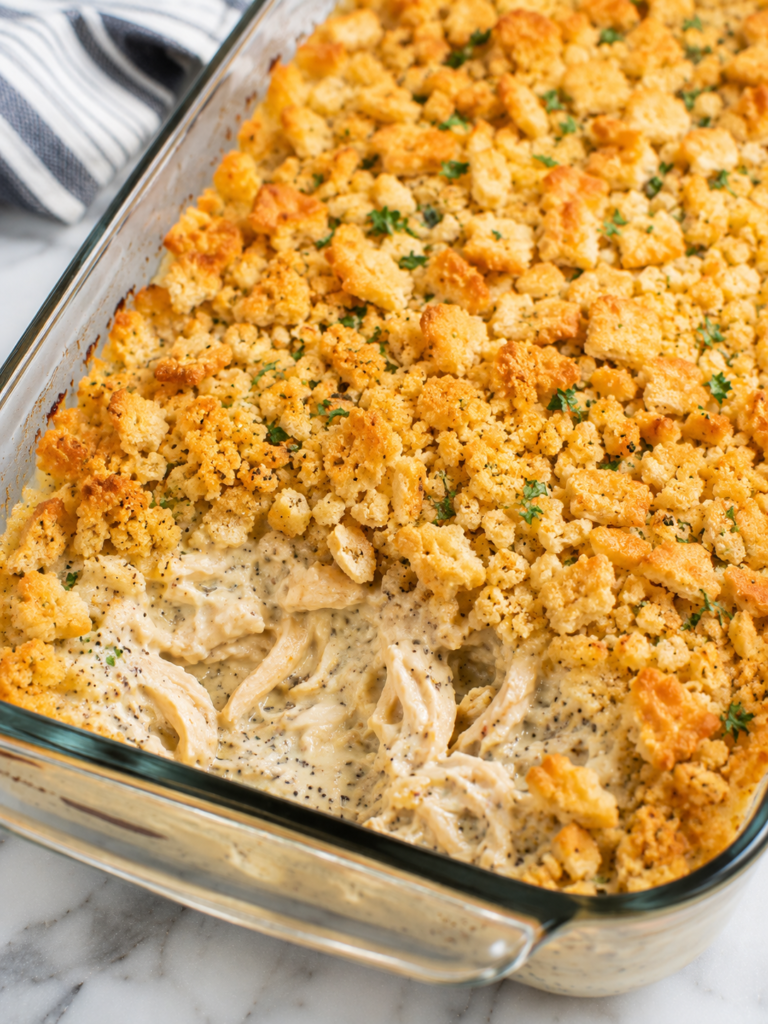 Poppy seed chicken casserole with golden buttery cracker topping