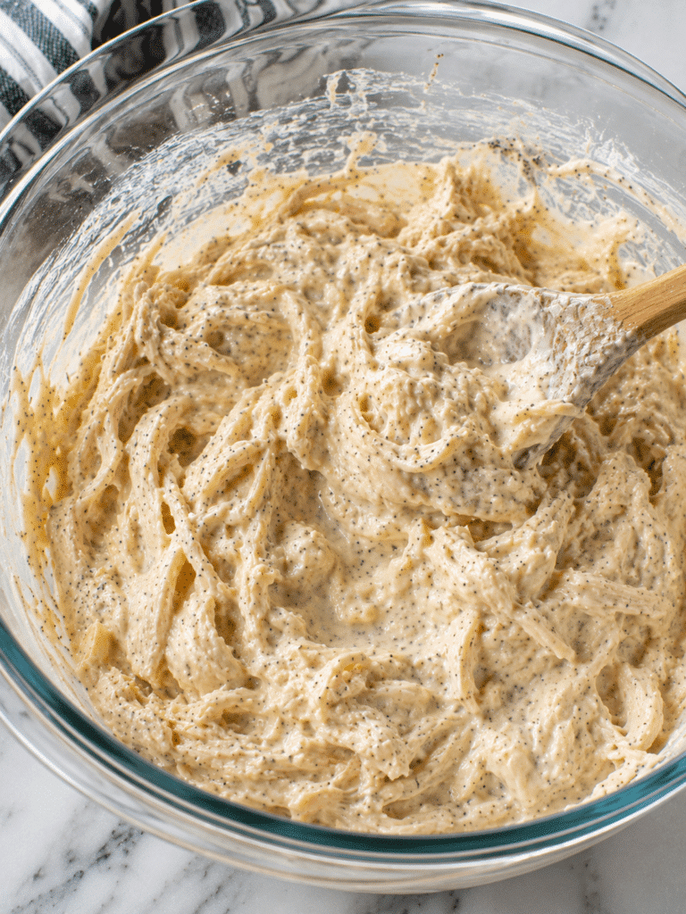 Mixing poppy seed chicken casserole filling