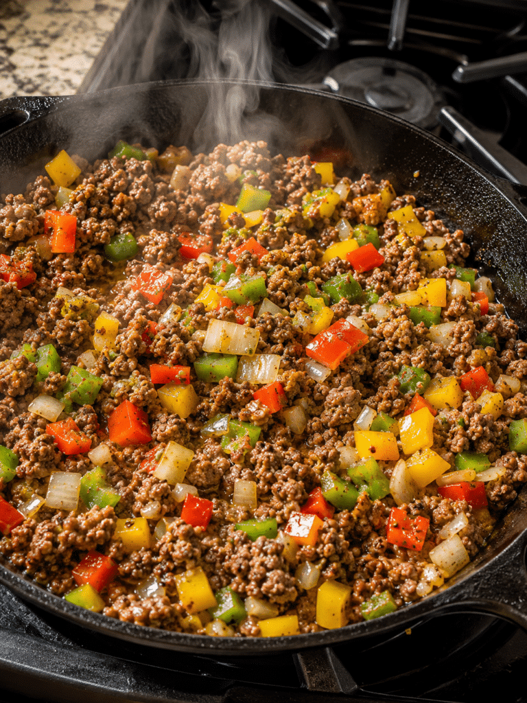 Cooking beef and peppers for stuffed pepper casserole