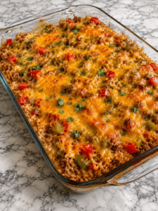 Stuffed pepper casserole with beef rice peppers and cheese