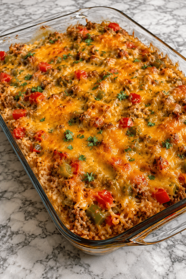 Stuffed pepper casserole with beef rice peppers and cheese
