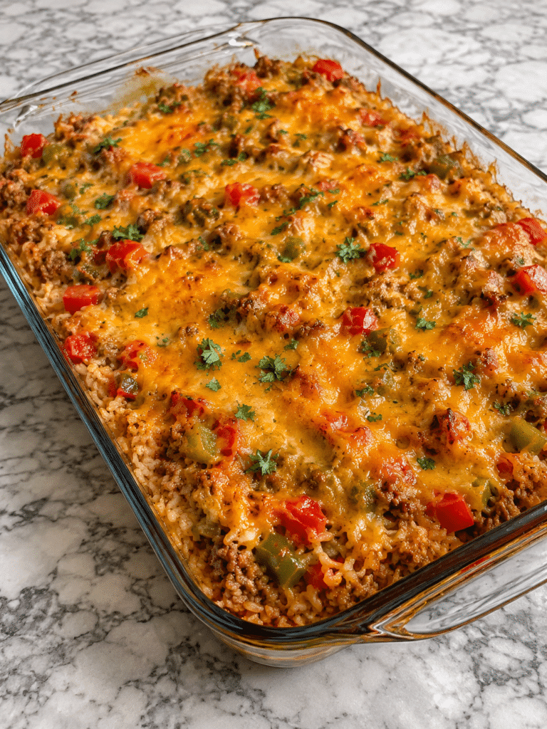 Stuffed pepper casserole with beef rice peppers and cheese
