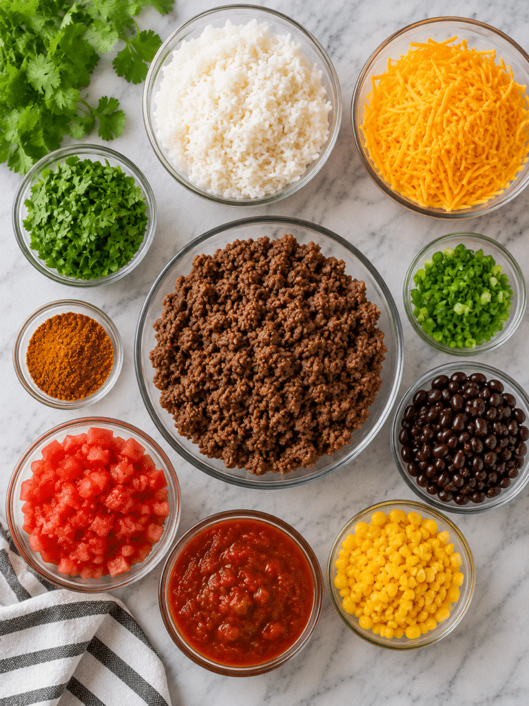 Taco rice casserole recipe ingredients arranged for preparation